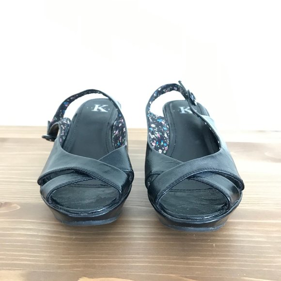 Studio K Platform Peeptoe Slingback Wedge Heels Black Patent Fabric - Picture 3 of 7